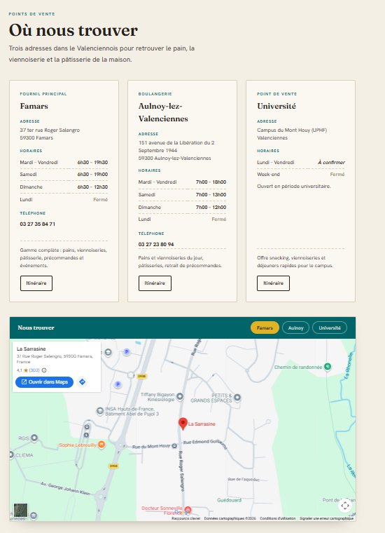 Page des points de vente du site La Sarrasine, avec horaires et plan
