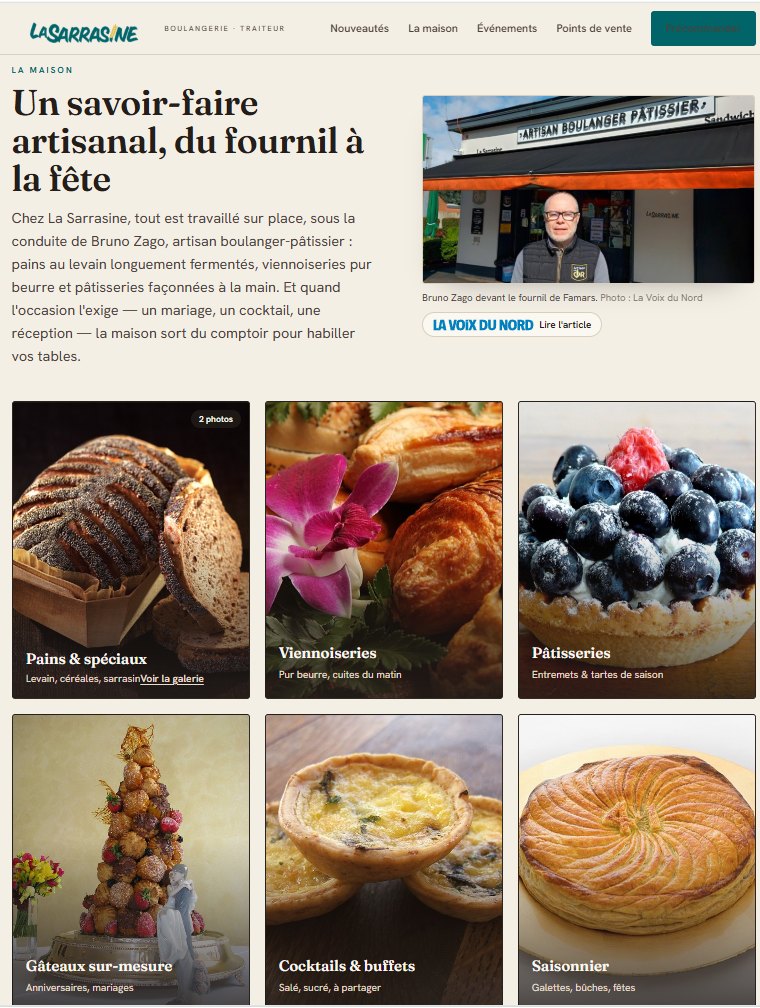 Page du site La Sarrasine présentant la maison et sa gamme de produits